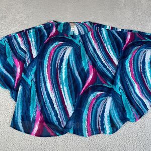 Chico's  Tunic Top Womens L/XL Blue Pink Batwing Sleeve Sheer Round Neck Coastal